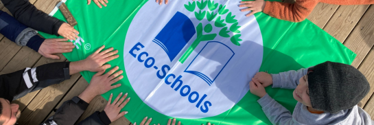 kinderen met handen op Groene Vlag van Eco-Schools