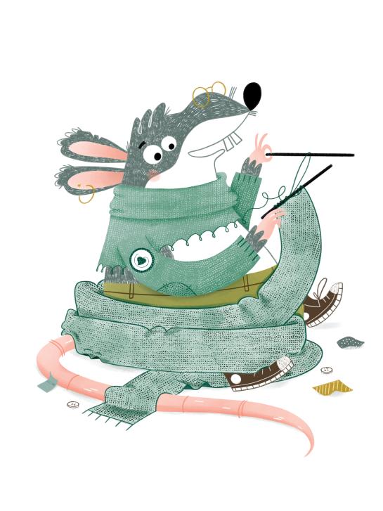 Pira de Rat breit een sjaal met de wol van zijn trui