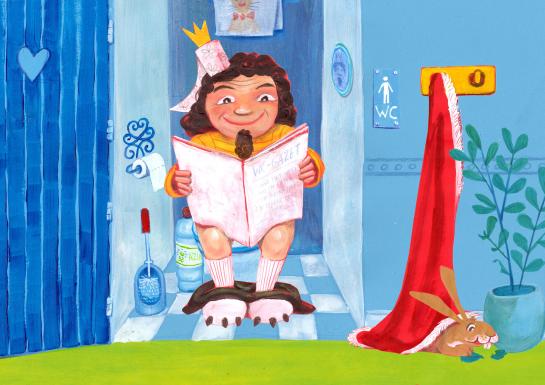 De koning leest zijn krant op het toilet