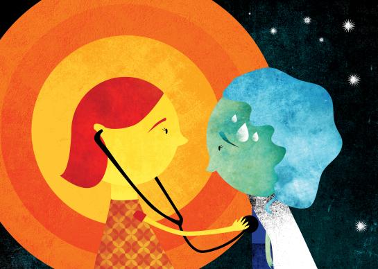 Laura onderzoekt Terra met de stethoscoop