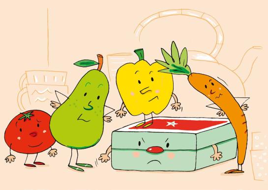 Red krijgt bezoek van peertje groen en wortel oranje