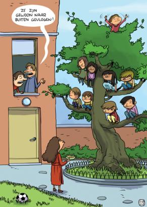 cartoon buitenlesdag naar buiten gevlogen