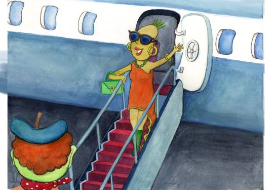 Mien stapt van het vliegtuig.