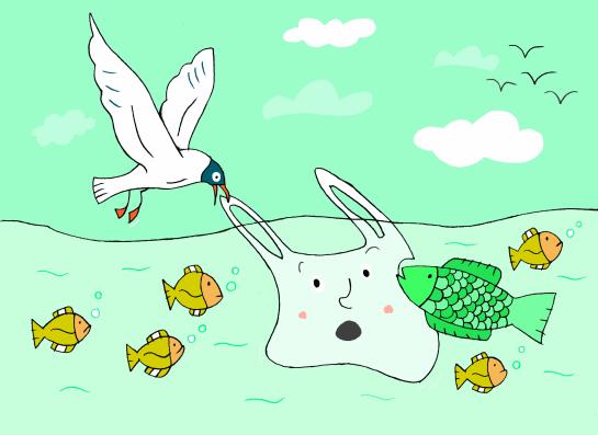 Vis en meeuw happen stukjes