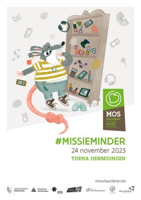 affiche van #MissieMinder 2023 met thema 'hebbedingen' en tekening van Pira de Rat